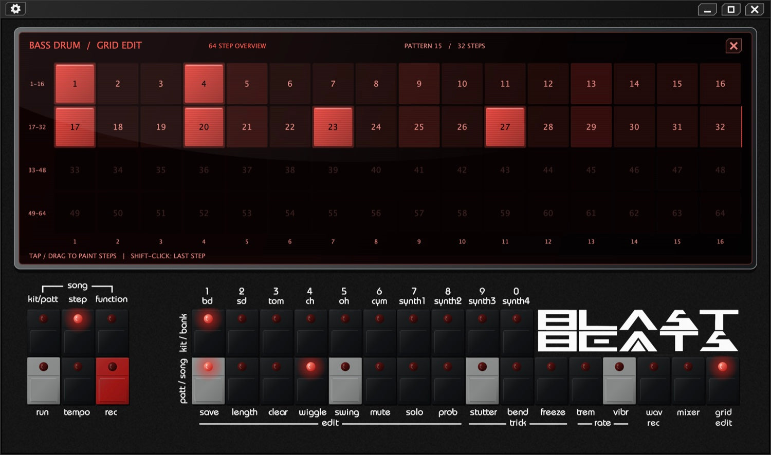 VBLASTBEATS red grid editor for editing pattern steps