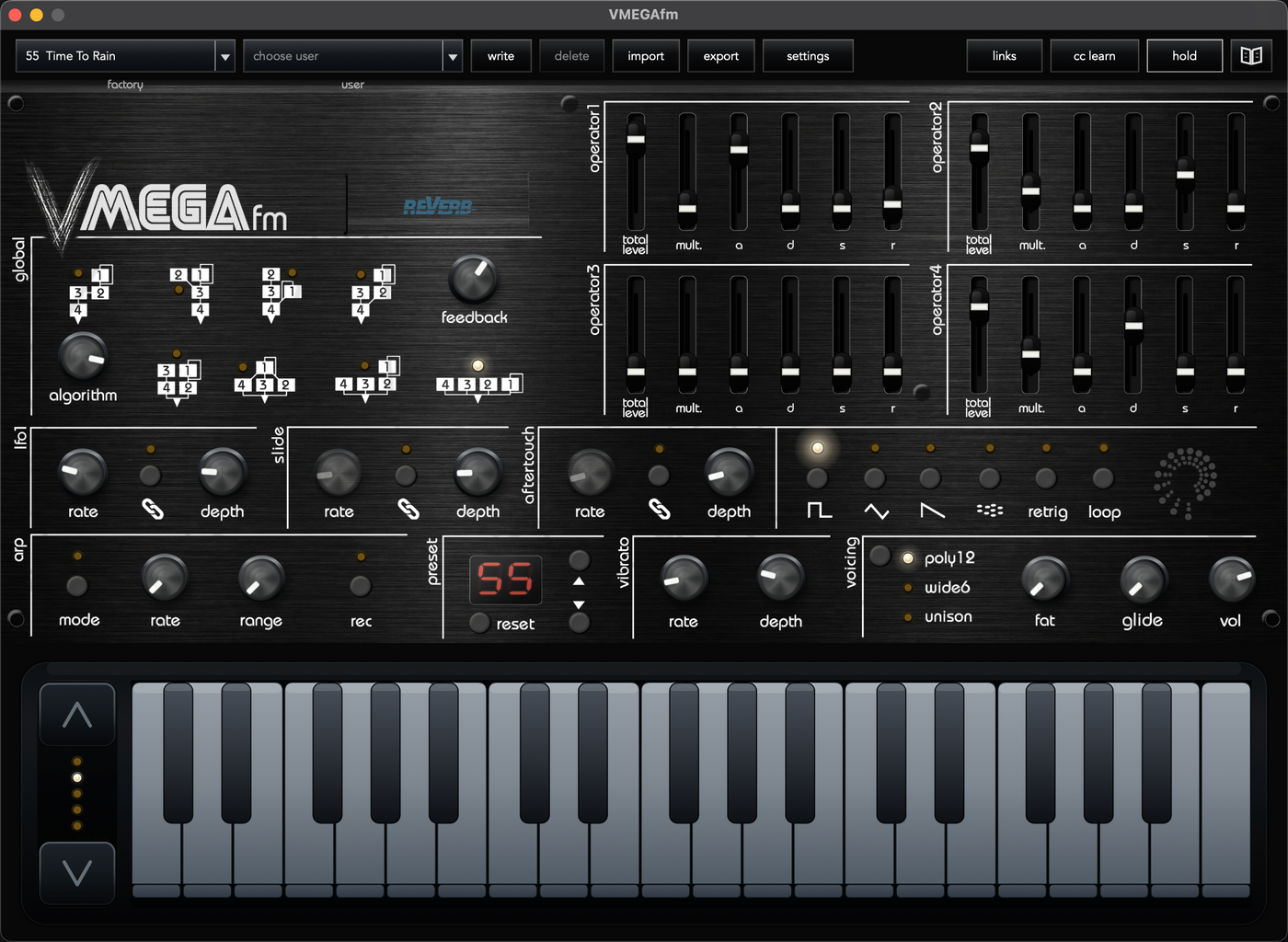 vMEGAfm desktop instrument interface with operators, modulation, sequencer and performance keyboard