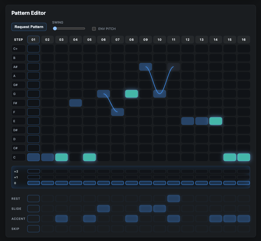 acid8 MKII browser pattern editor with notes, slides, accents, and skips