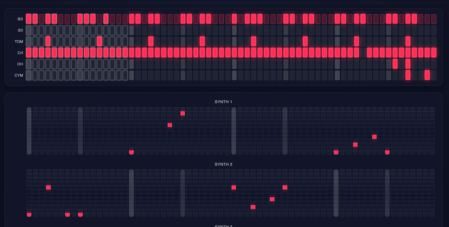 BlastBeats browser pattern editor with drum and synth lanes