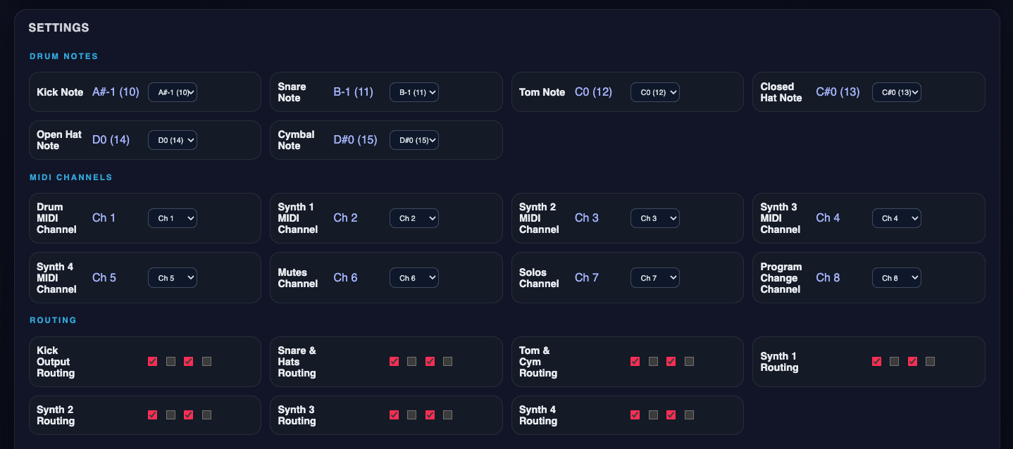 BlastBeats browser settings editor for MIDI channels and routing