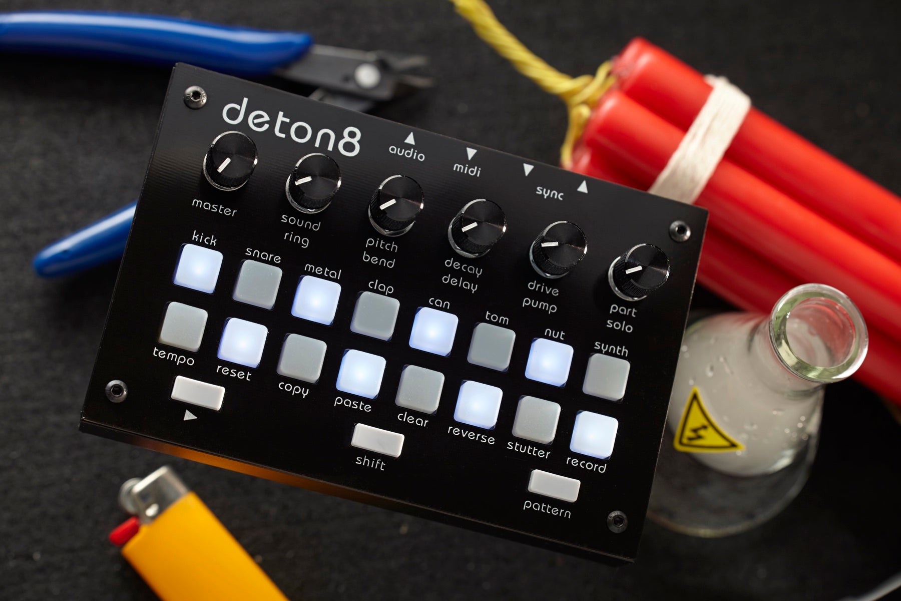 deton8 drum machine with TNT props
