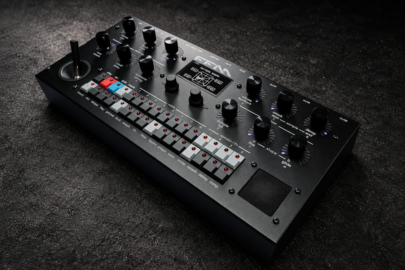 FLEXFM hybrid groovebox, three-quarter view