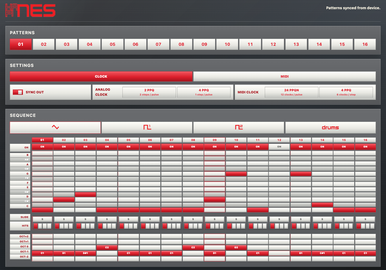 hapiNES L browser editor pattern and MIDI settings