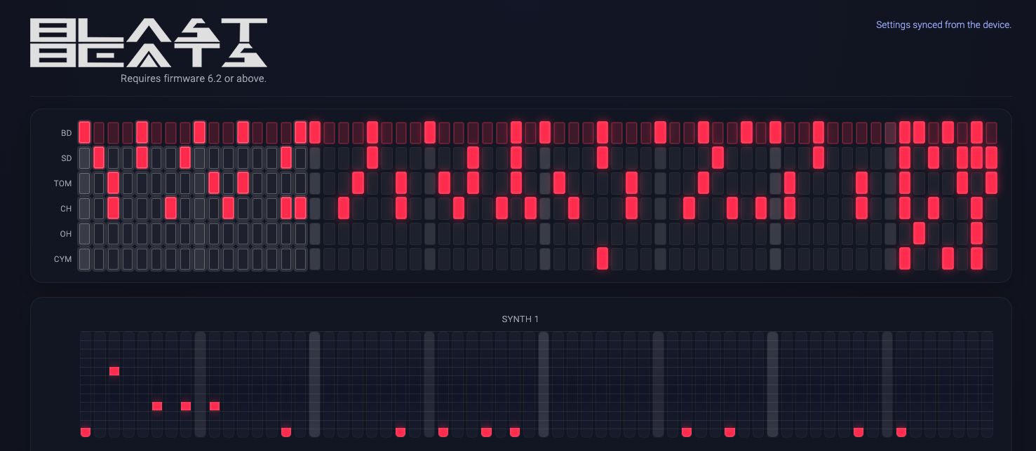Blast Beats Editor pattern visualizer screenshot synced with the unit