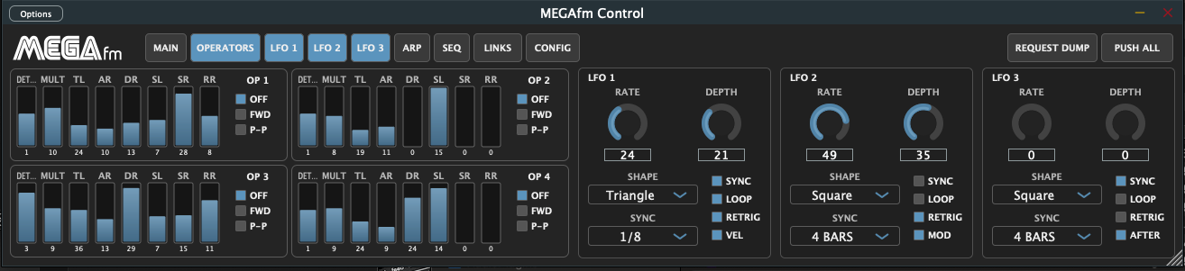 MEGAfm editor operators and LFO controls