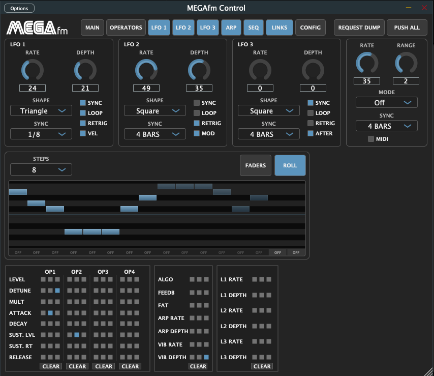 MEGAfm editor LFO, arpeggiator, and sequencer controls