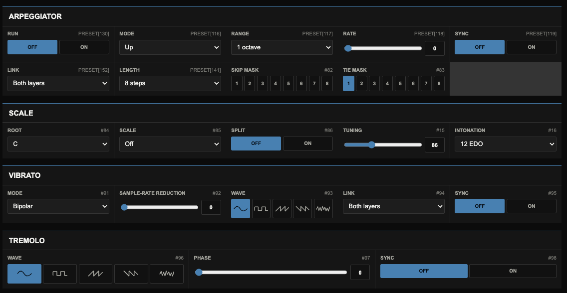 TWISTfm browser editor arpeggiator scale vibrato and tremolo settings