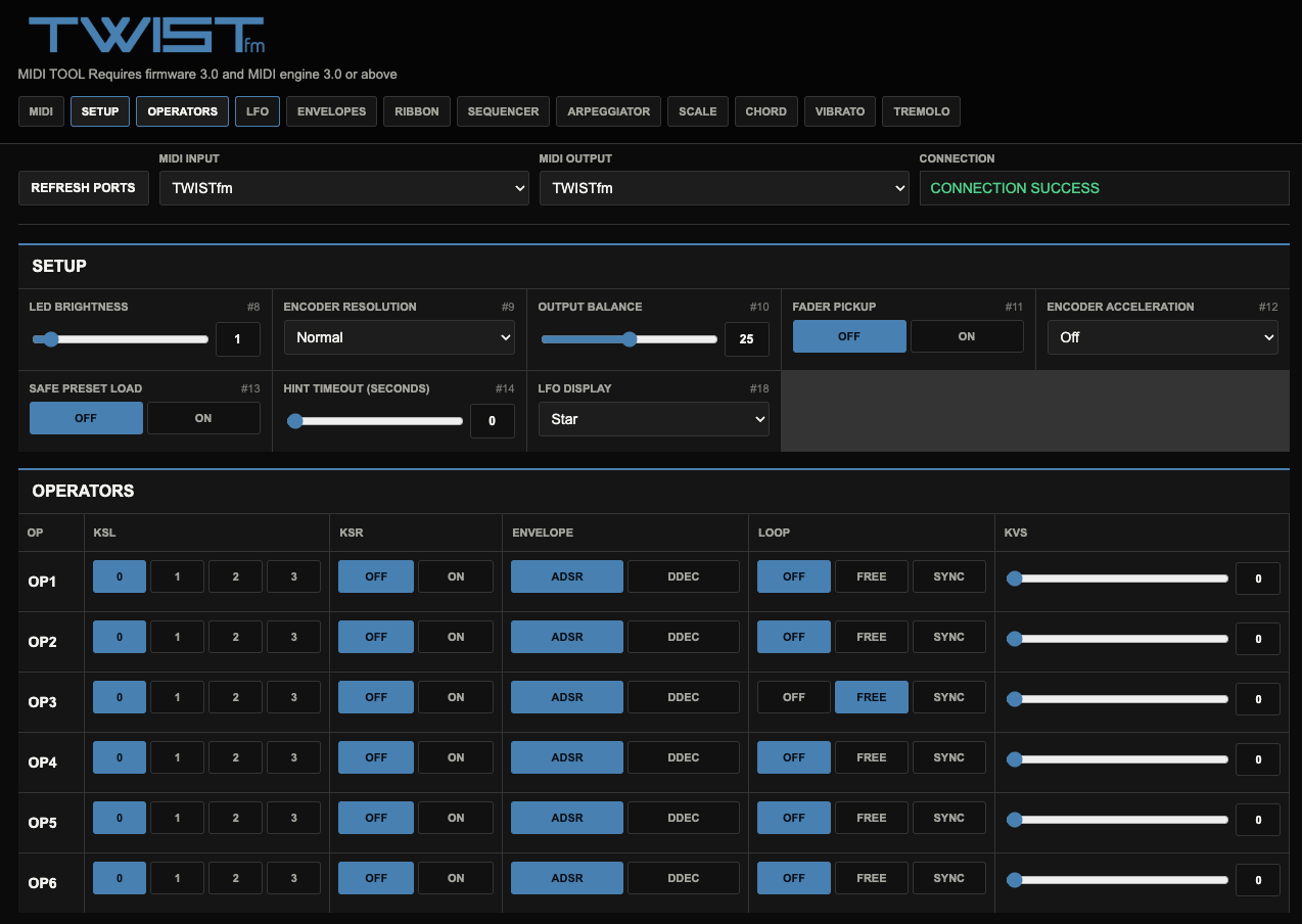 TWISTfm browser editor setup and operator settings
