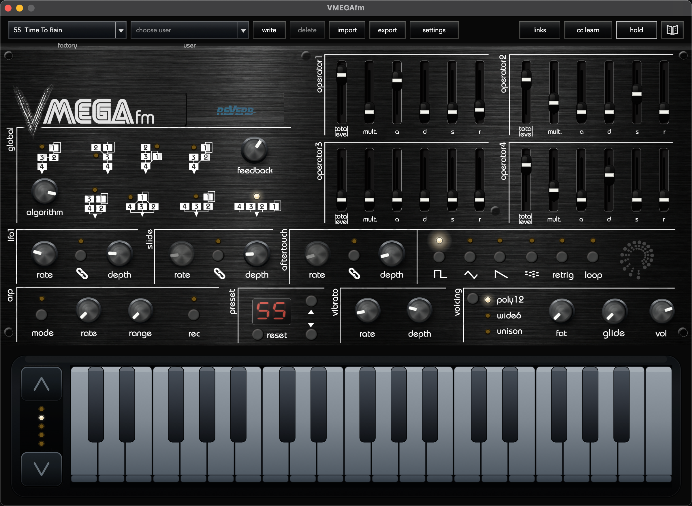 Complete VMEGAfm standalone interface with preset header, four-operator panel, modulation controls and three-octave keyboard
