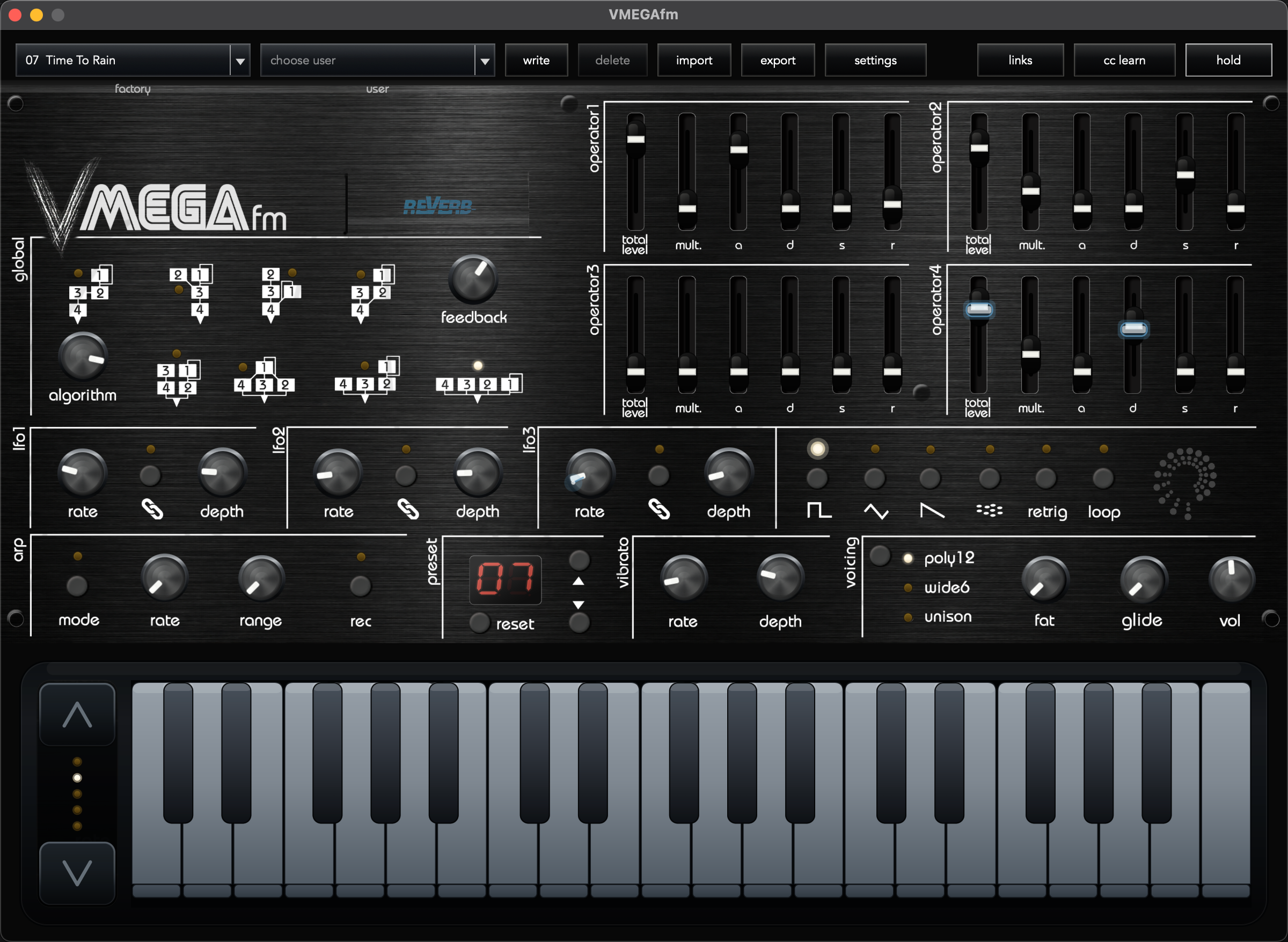 Complete VMEGAfm standalone interface with preset header, four-operator panel, modulation controls and three-octave keyboard