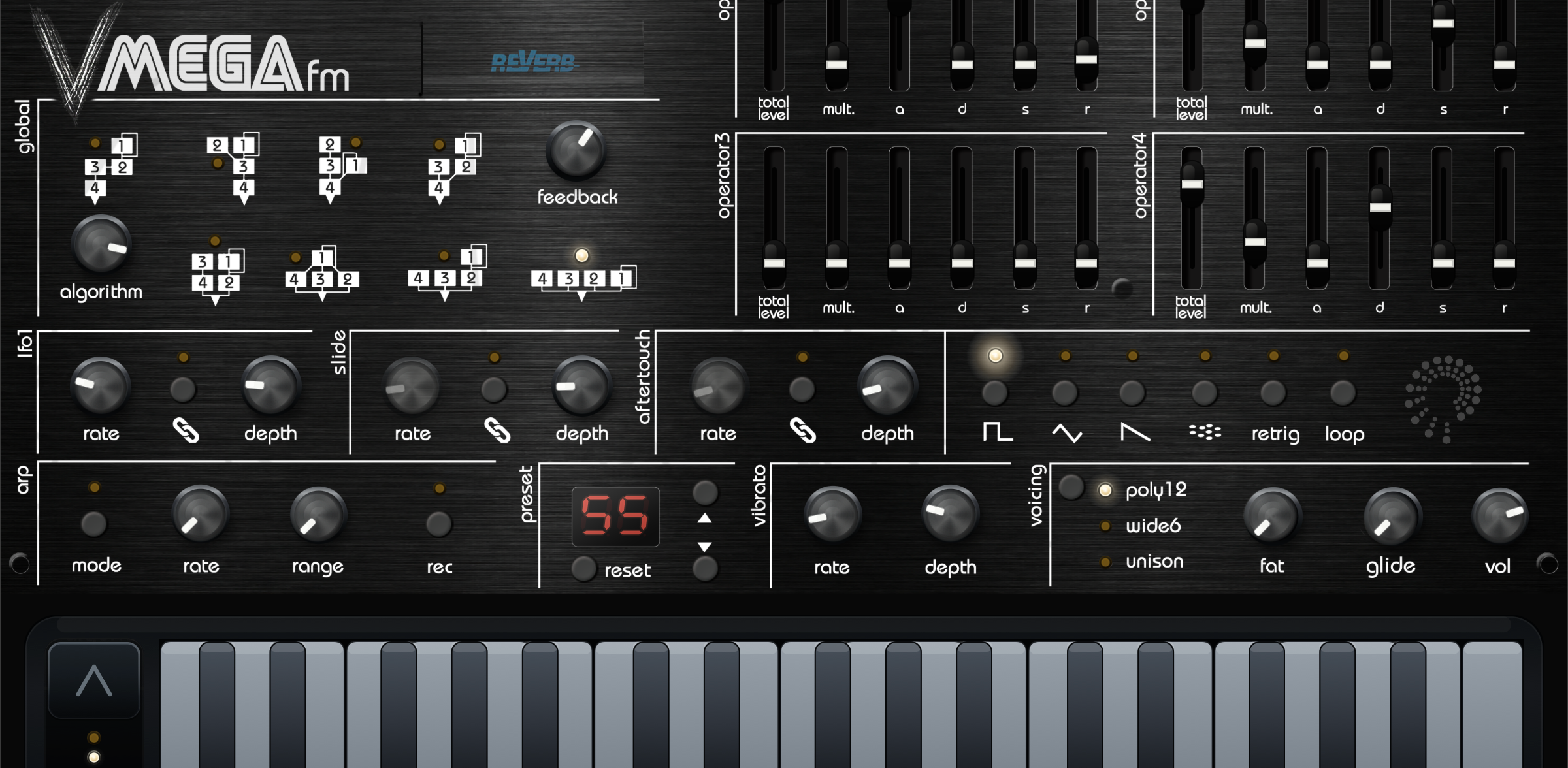 VMEGAfm full panel showing the preset browsers, command bar, numeric display and status LEDs
