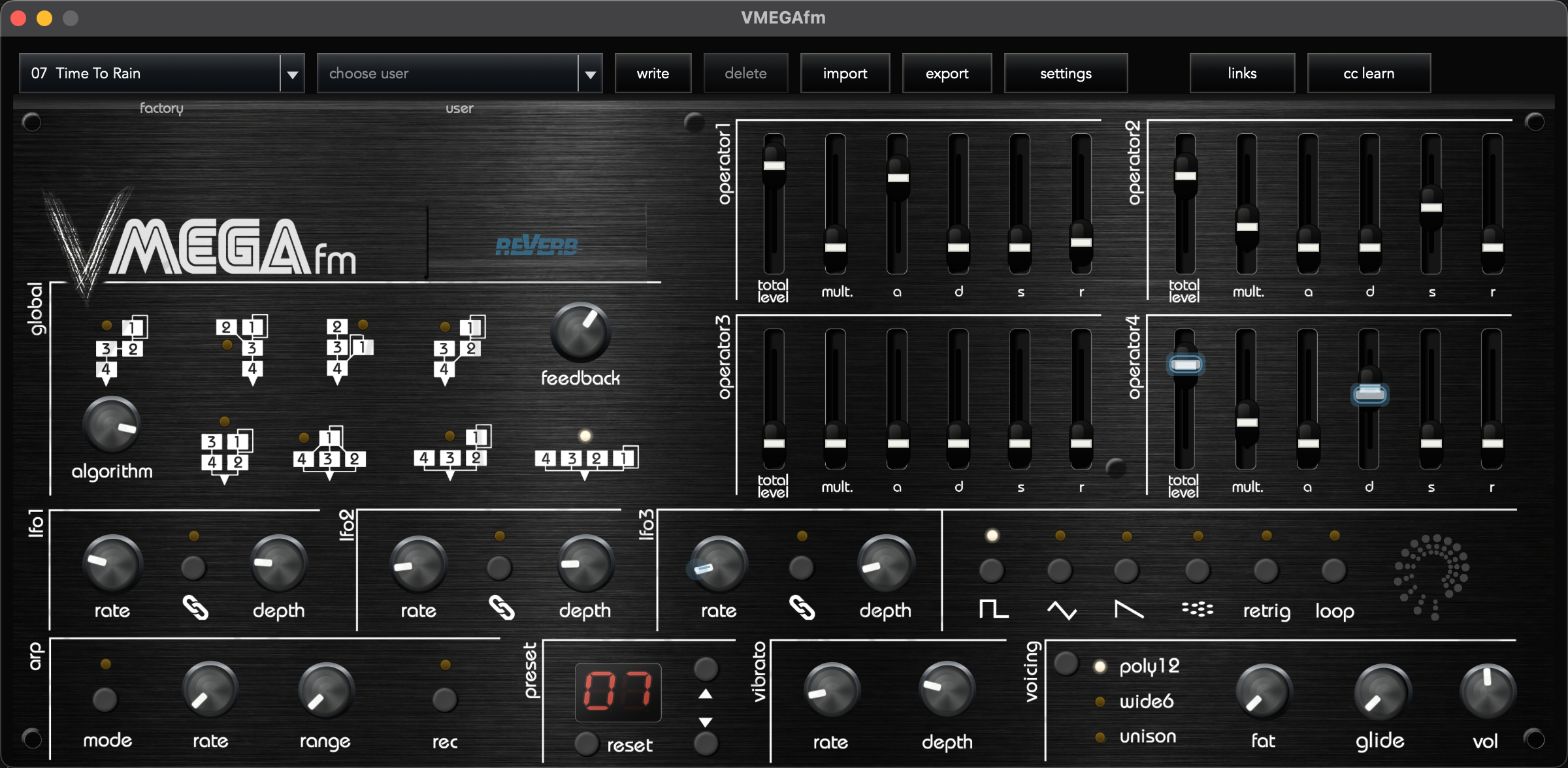 VMEGAfm full panel showing the preset browsers, command bar, numeric display and status LEDs