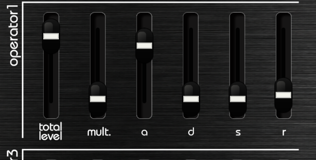 Close view of one VMEGAfm operator with total level, multiply, attack, decay, sustain and release faders