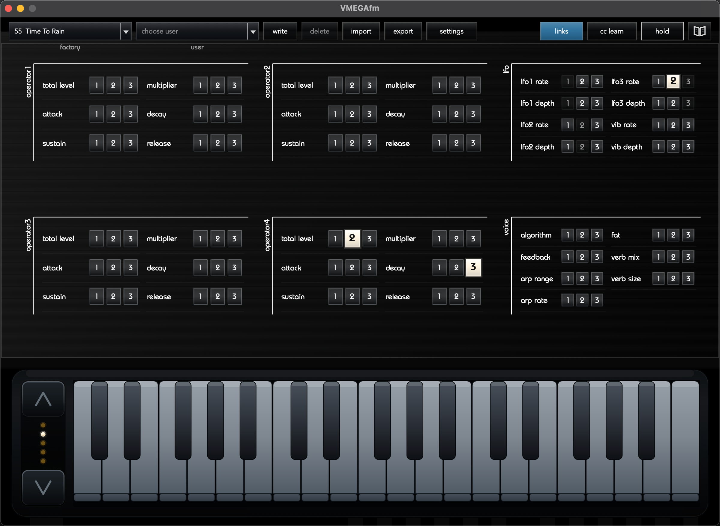 VMEGAfm Links matrix with operator, LFO and voice destinations and illuminated modulation assignments