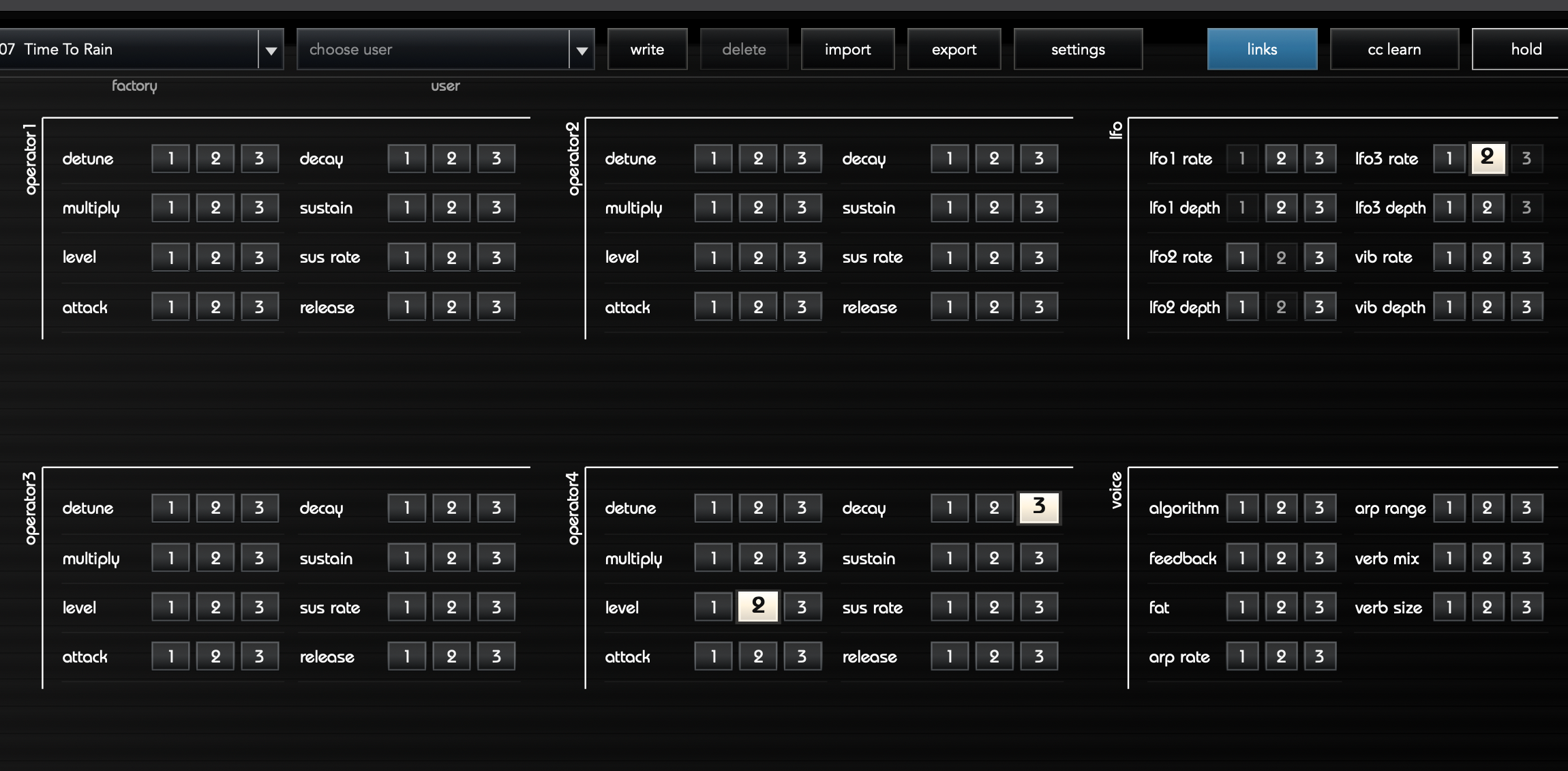 VMEGAfm Links matrix with operator, LFO and voice destinations and illuminated modulation assignments