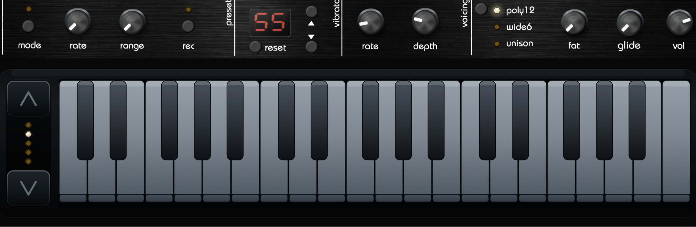 VMEGAfm standalone three-octave keyboard with octave arrows and keyboard-position LEDs