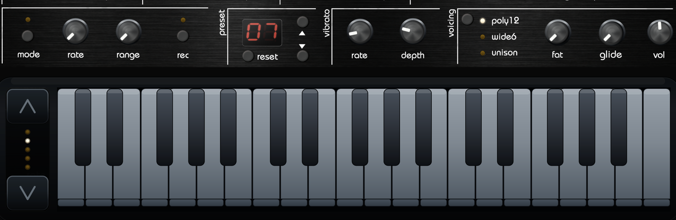 VMEGAfm standalone three-octave keyboard with octave arrows and keyboard-position LEDs