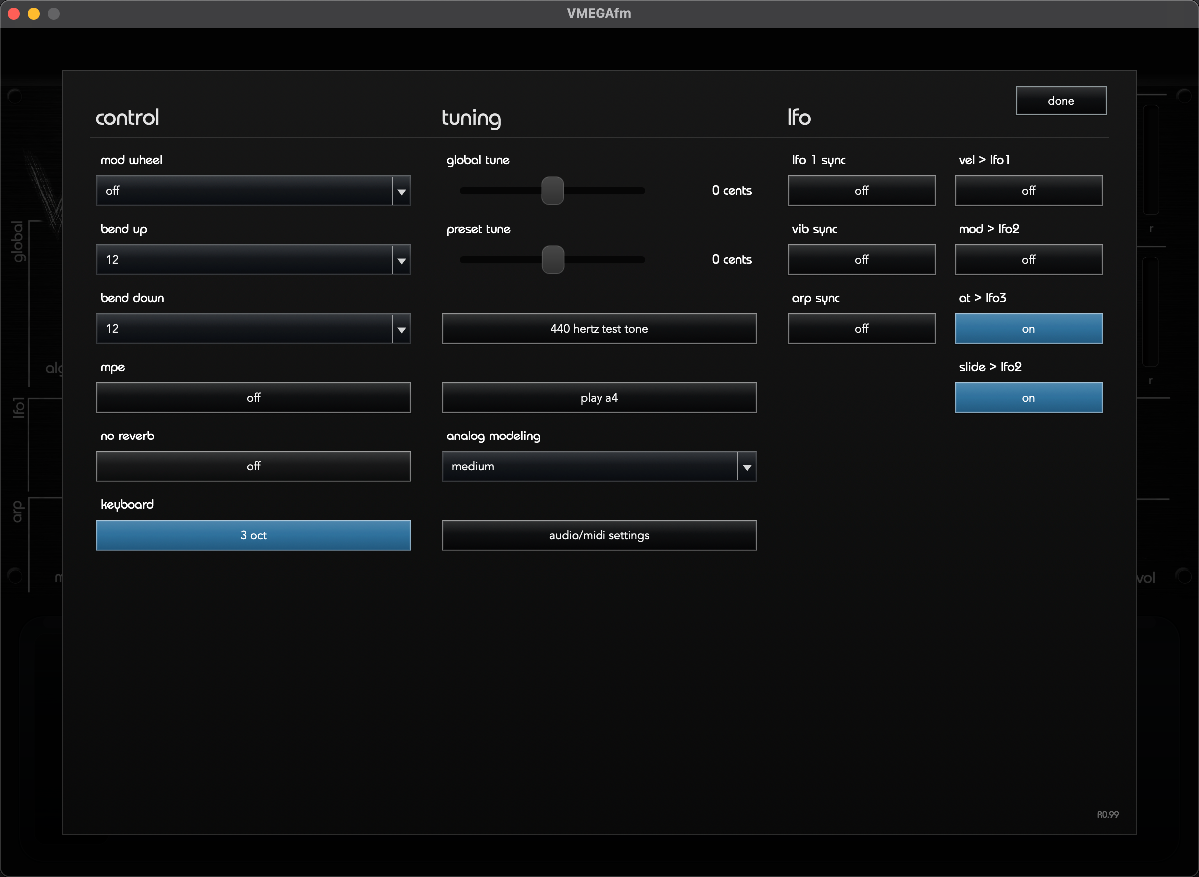 VMEGAfm Settings overlay divided into Control, Tuning and LFO columns