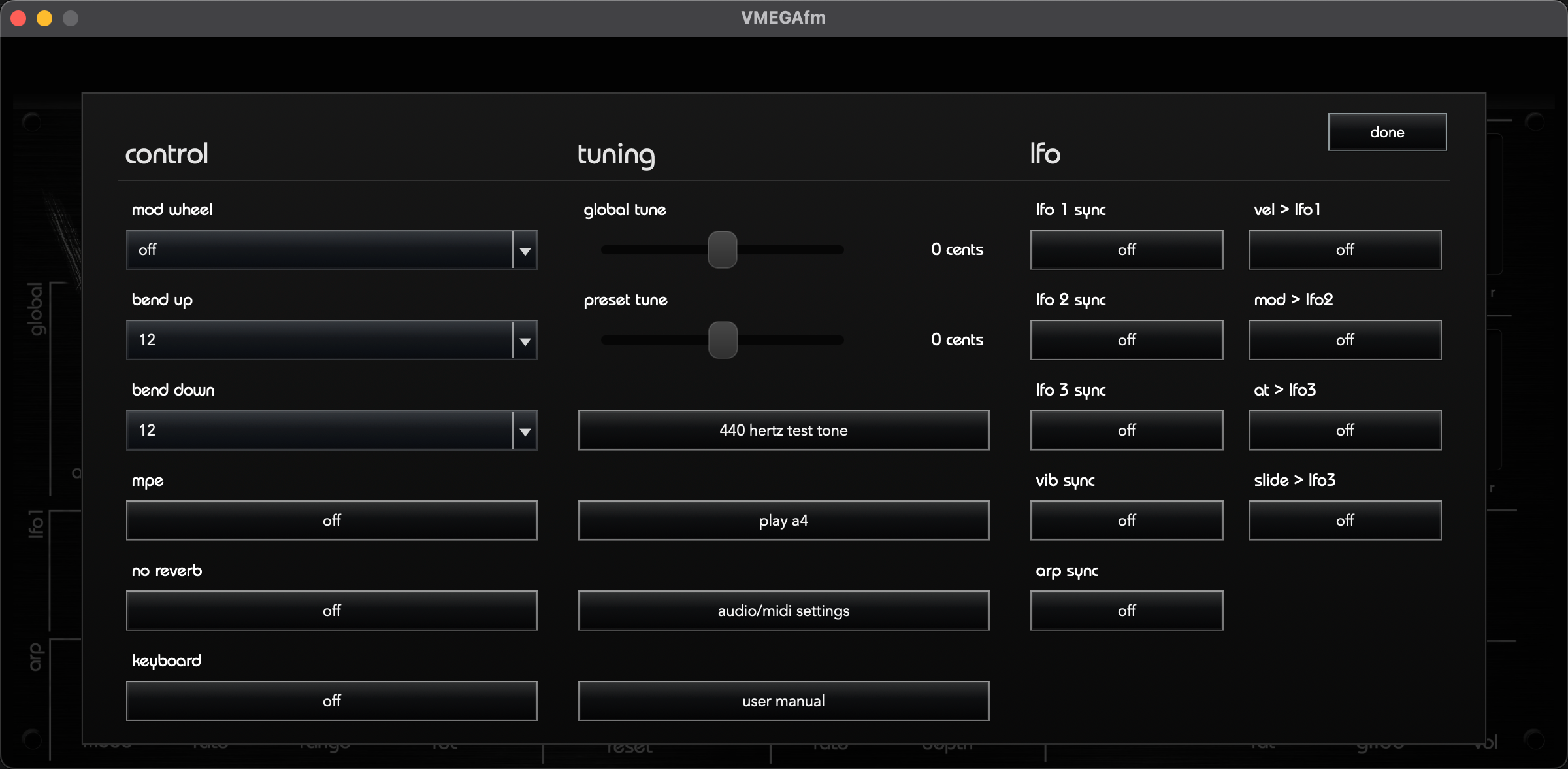 VMEGAfm Settings overlay divided into Control, Tuning and LFO columns