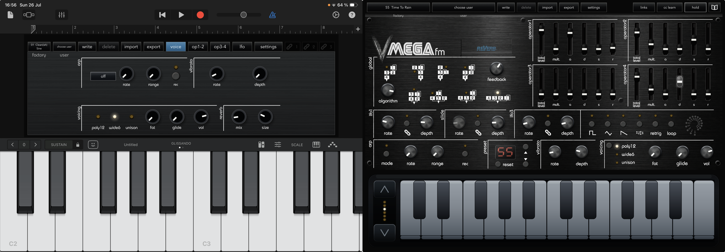 Compact hosted VMEGAfm Voice tab beside the full-screen iPad instrument