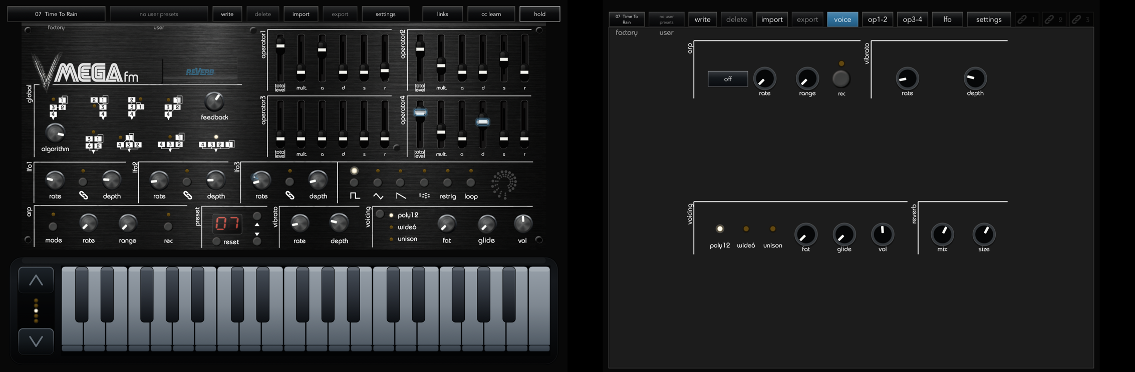 VMEGAfm full-screen iPad interface beside the compact hosted Voice tab