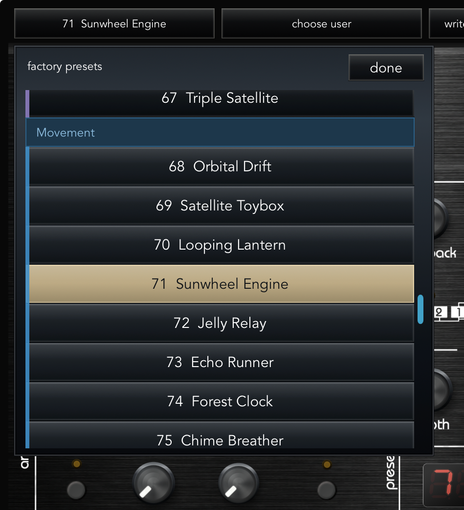 VMEGAfm factory preset browser showing the Movement category with Sunwheel Engine selected