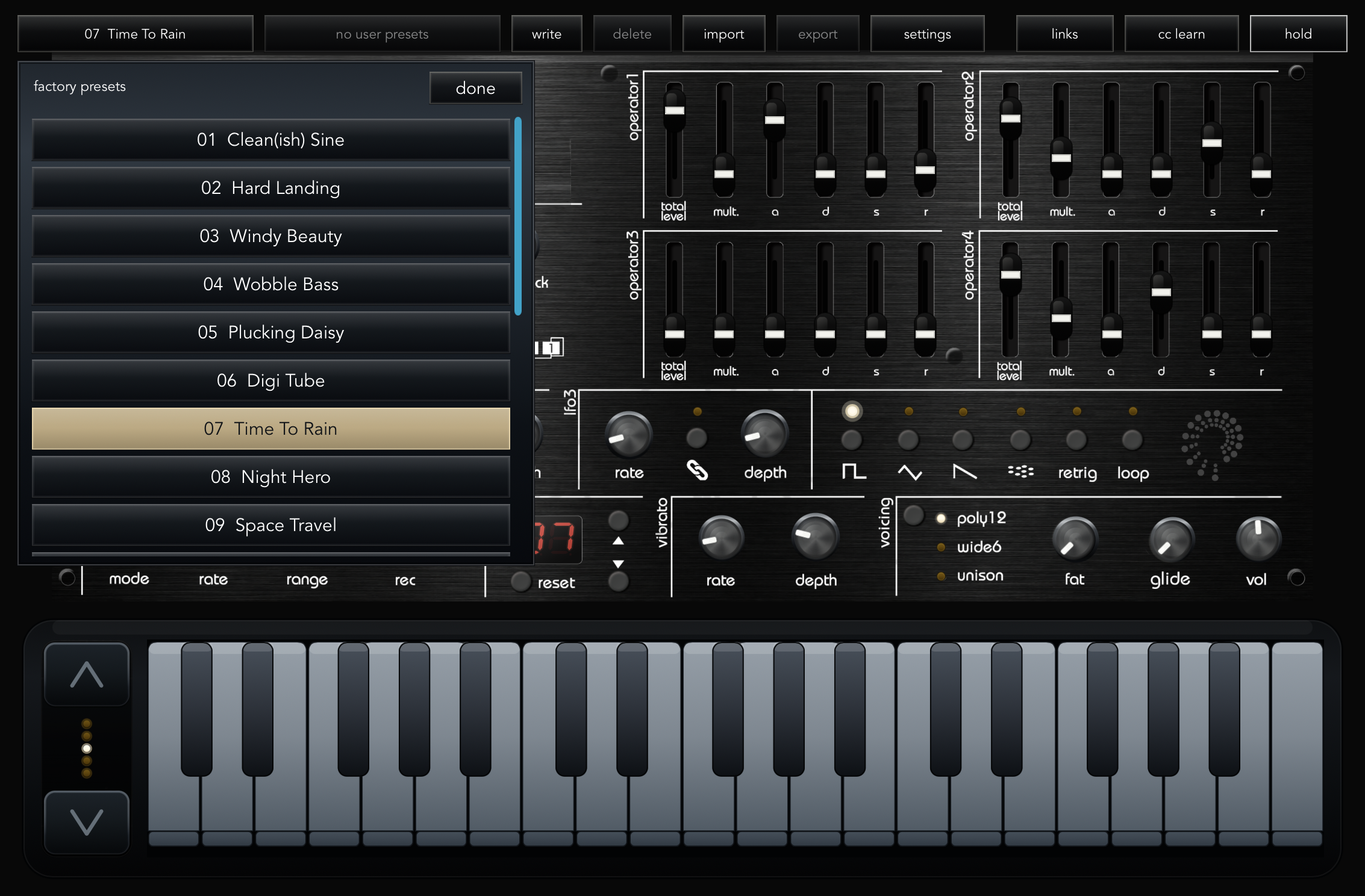 VMEGAfm factory preset browser with Time To Rain selected and the preset management controls visible