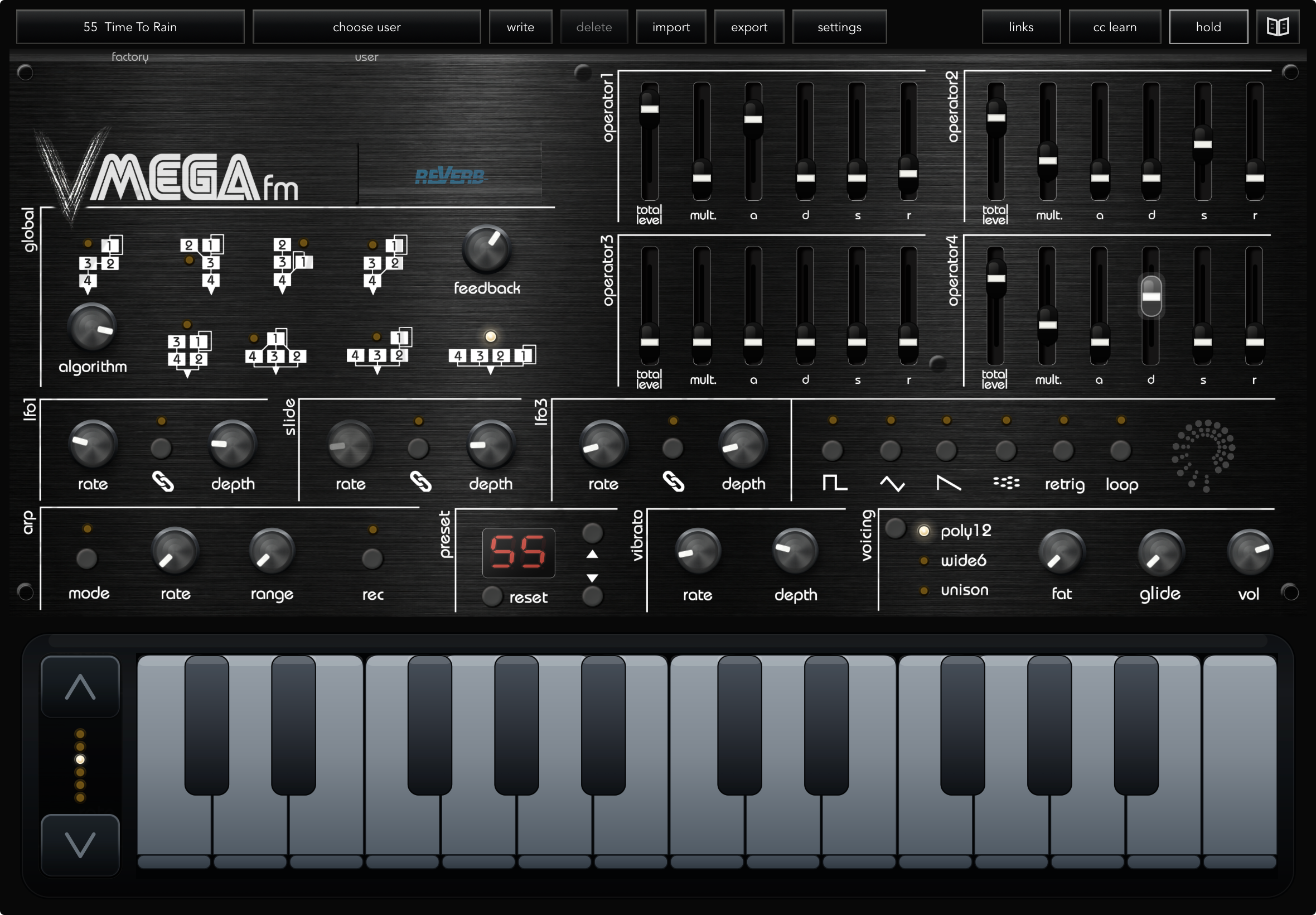 Complete VMEGAfm full-screen iPad interface with header, FM controls, modulation, voice controls and keyboard