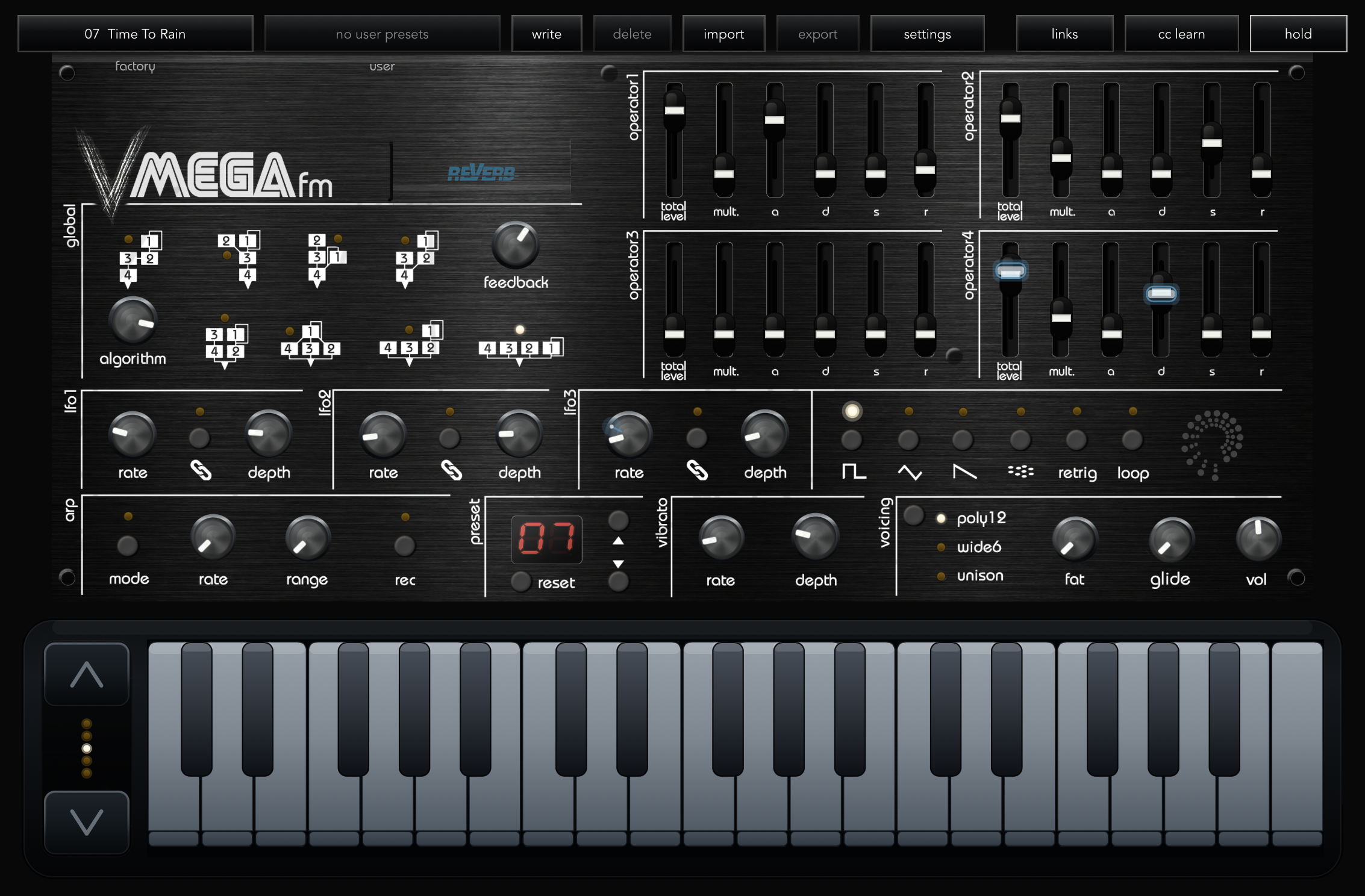 Complete VMEGAfm full-screen iPad interface with header, FM controls, modulation, voice controls and keyboard