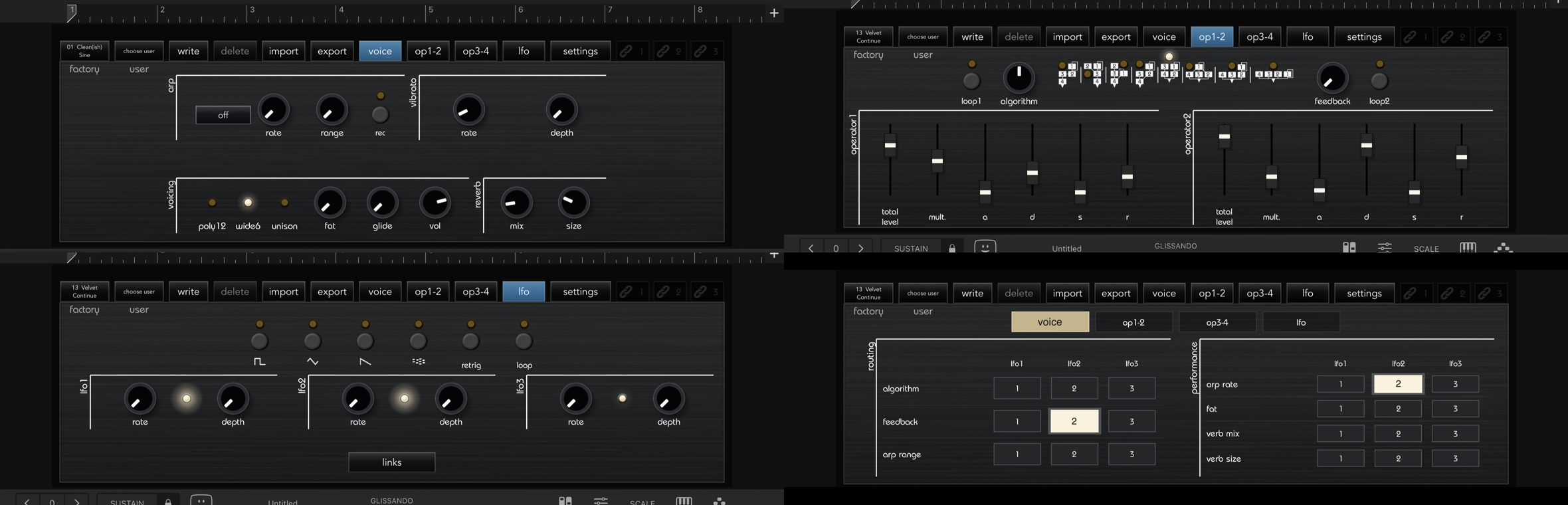 Four hosted AUv3 screenshots showing Voice, Op1-2, LFO and Links pages