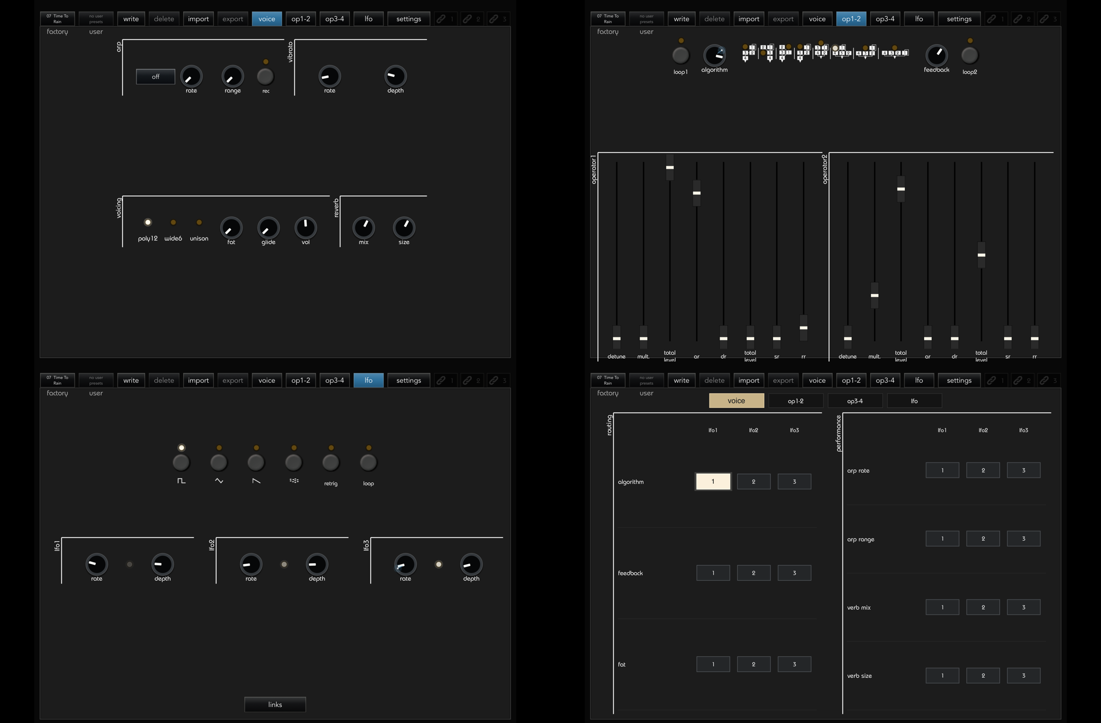 Four hosted AUv3 screenshots showing Voice, Op1-2, LFO and Links pages