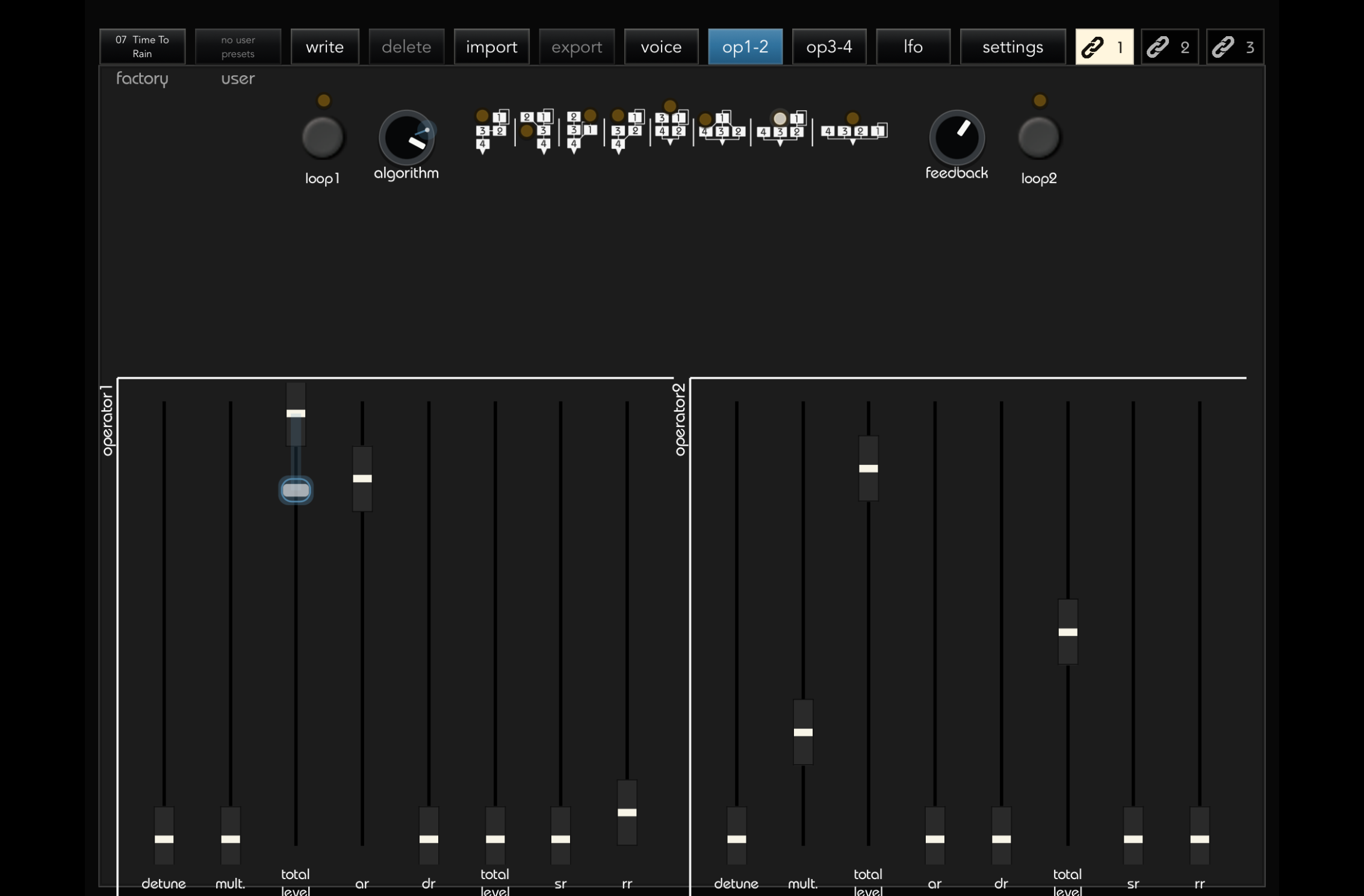 Hosted Op1-2 page with Link 1 active and blue modulation ghosts on the algorithm control and operator level fader