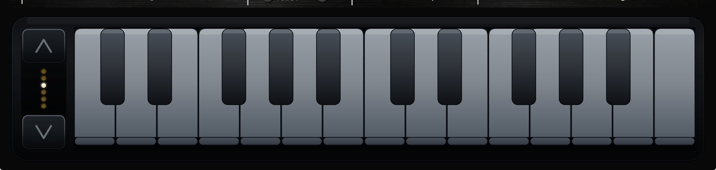 VMEGAfm three-octave iPad keyboard with octave arrows and position LEDs
