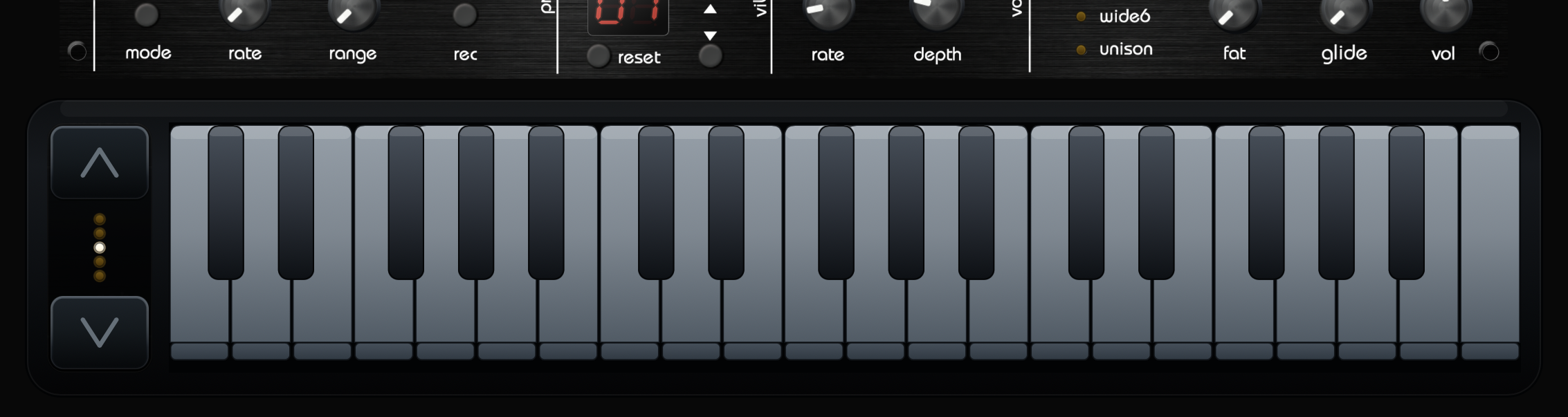 VMEGAfm three-octave iPad keyboard with octave arrows and position LEDs