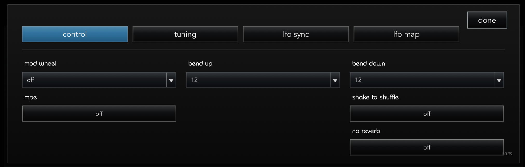 Hosted VMEGAfm Settings page with Control selected and Tuning, LFO Sync and LFO Map tabs visible