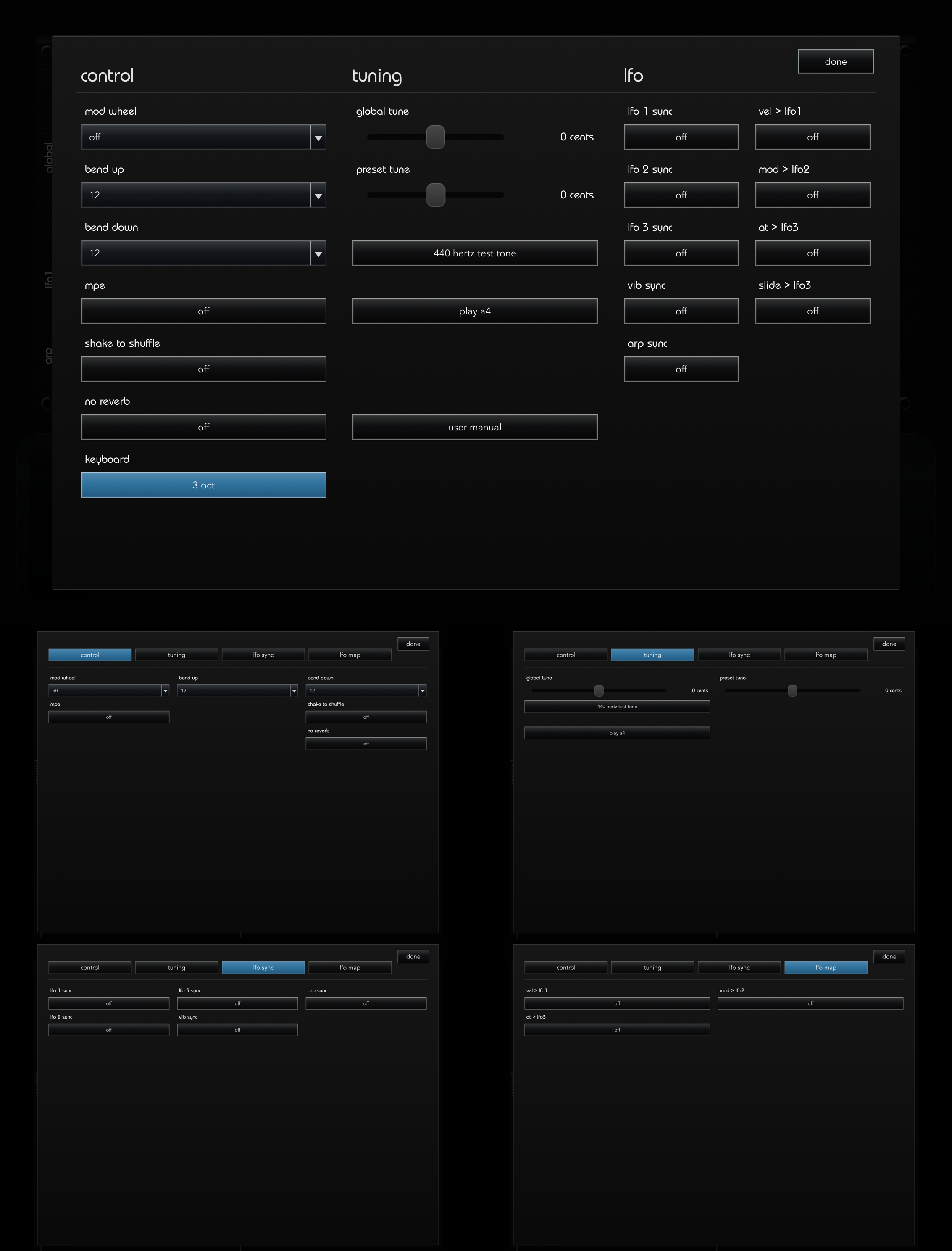 VMEGAfm full-screen Settings overlay followed by hosted Control, Tuning, LFO Sync and LFO Map pages