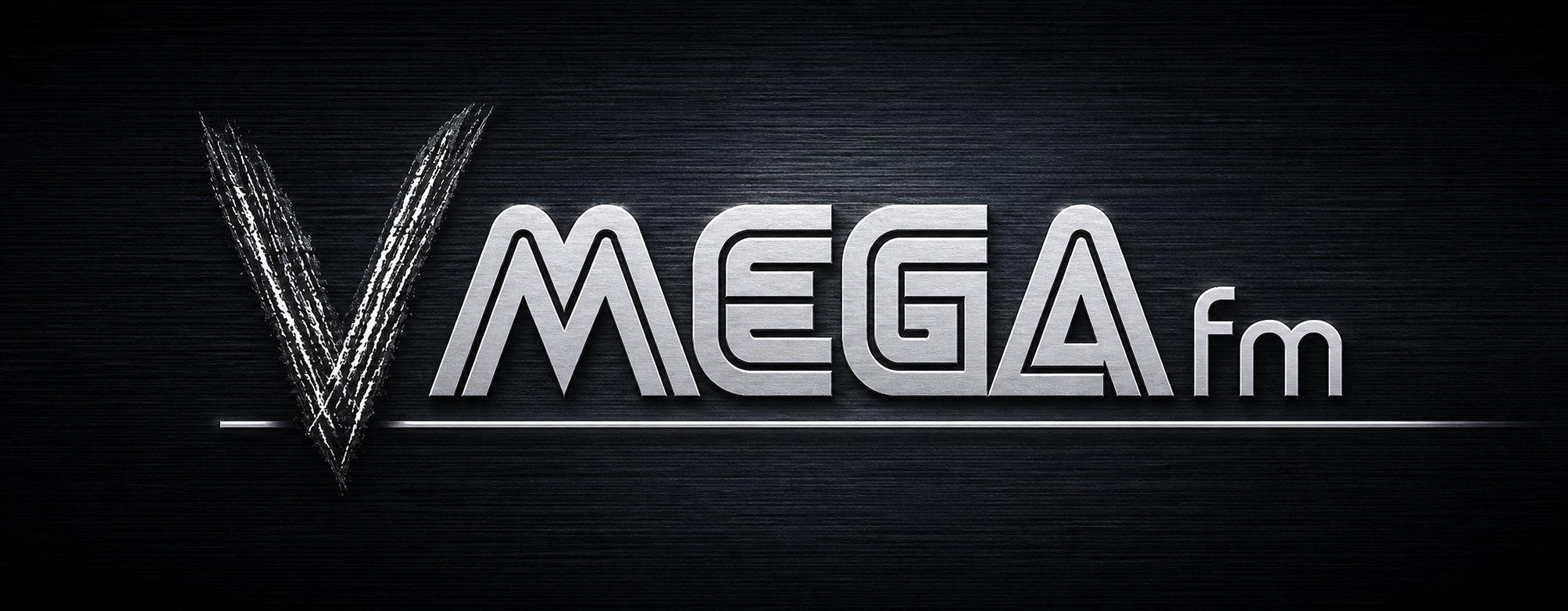 VMEGAfm logo on brushed black metal